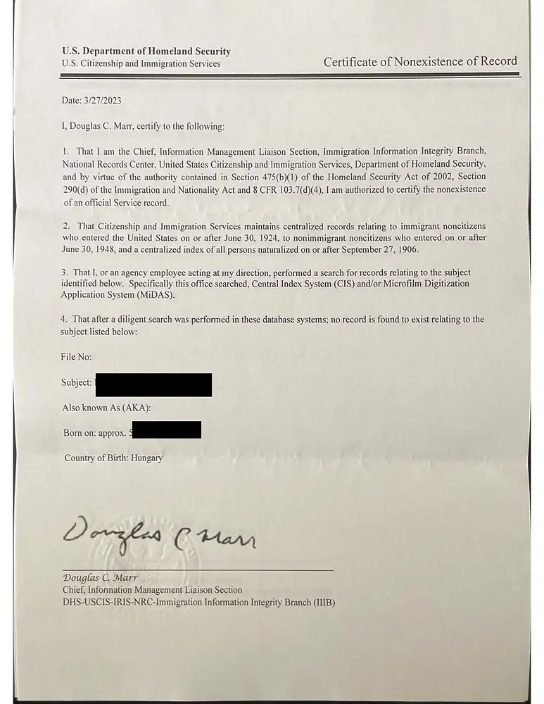 An example of a Certificate of Non-Existence from USCIS.