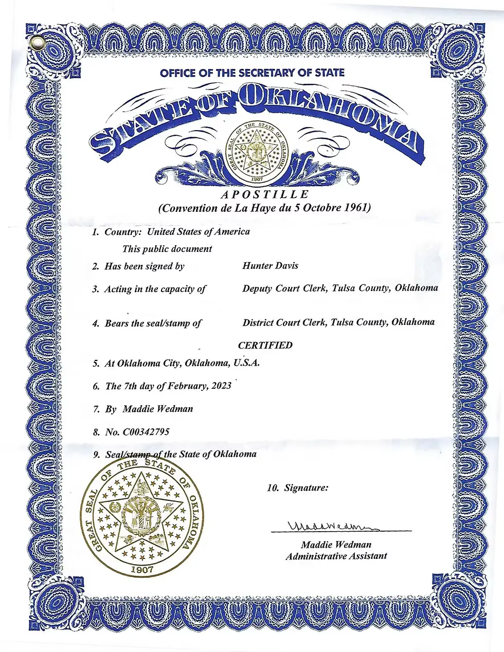 An example of a State issued Apostille required for Dual US and Italian Citizenship.